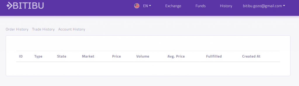 Trading history on Bitibu exchange showing no trades