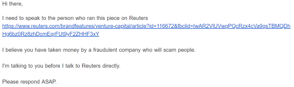 Email from Jon Walsh to Venture Capital Hub @ Reuters