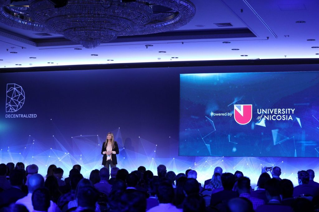 Eva Kaili on stage at Decentralized 2018